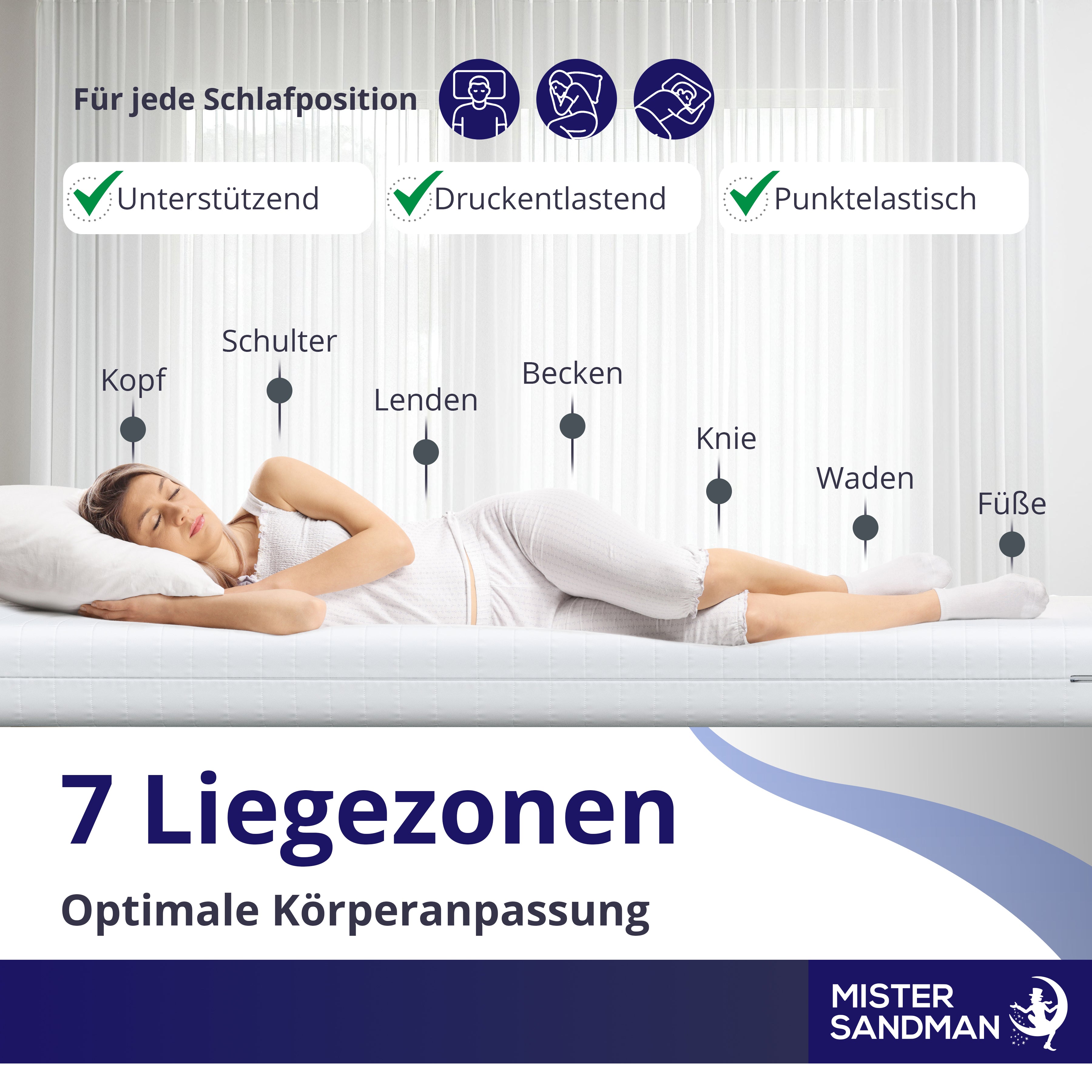 Person liegt auf 7-Zonen-Kaltschaummatratze, optimale Körperanpassung und ergonomische Unterstützung