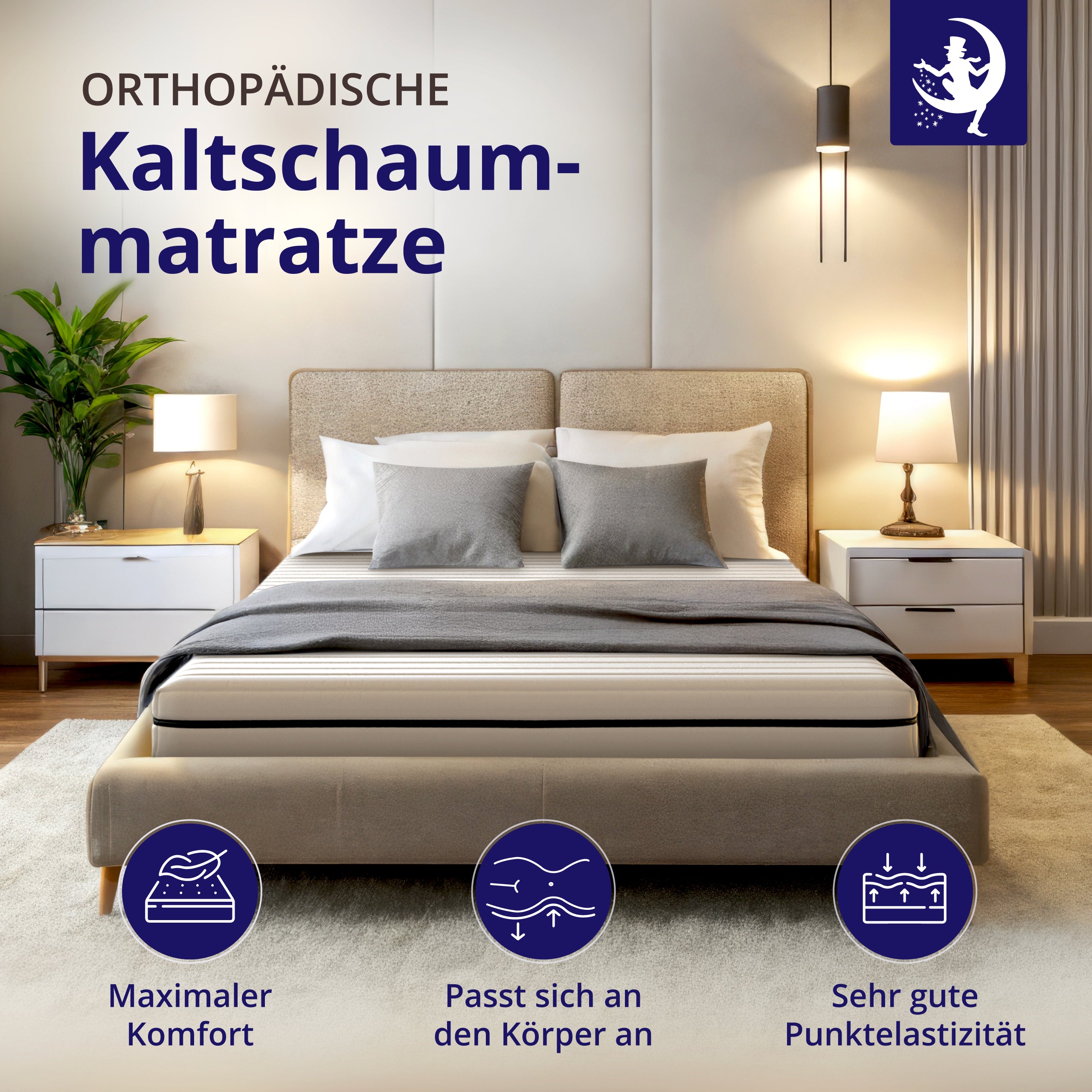Stilvolles Schlafzimmer mit orthopädischer Kaltschaummatratze, passt sich dem Körper an, sehr gute Punktelastizität, Marke Mister Sandman