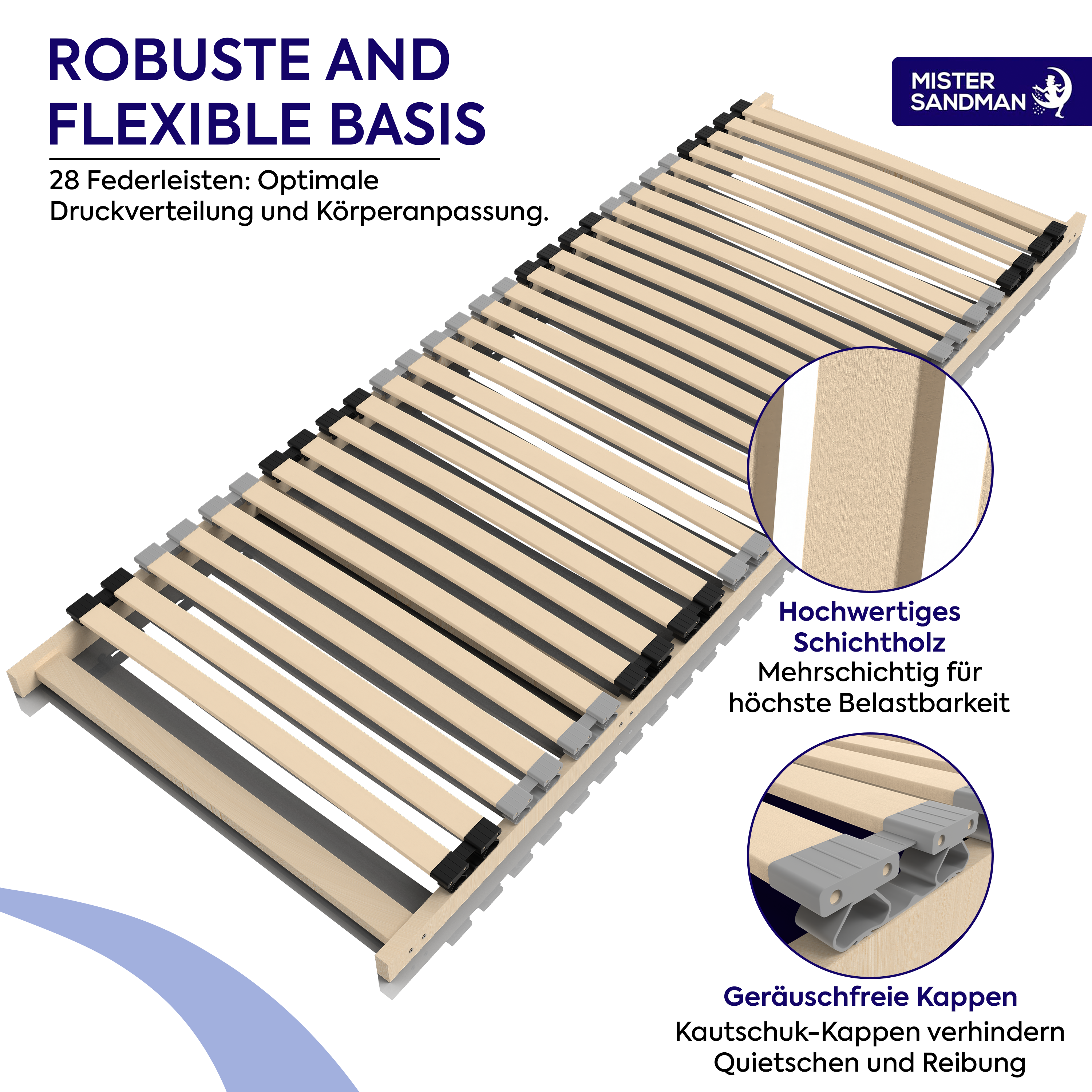 Robuster Lattenrost aus Schichtholz mit Kautschukkappen für optimale Druckverteilung und leises Liegen.