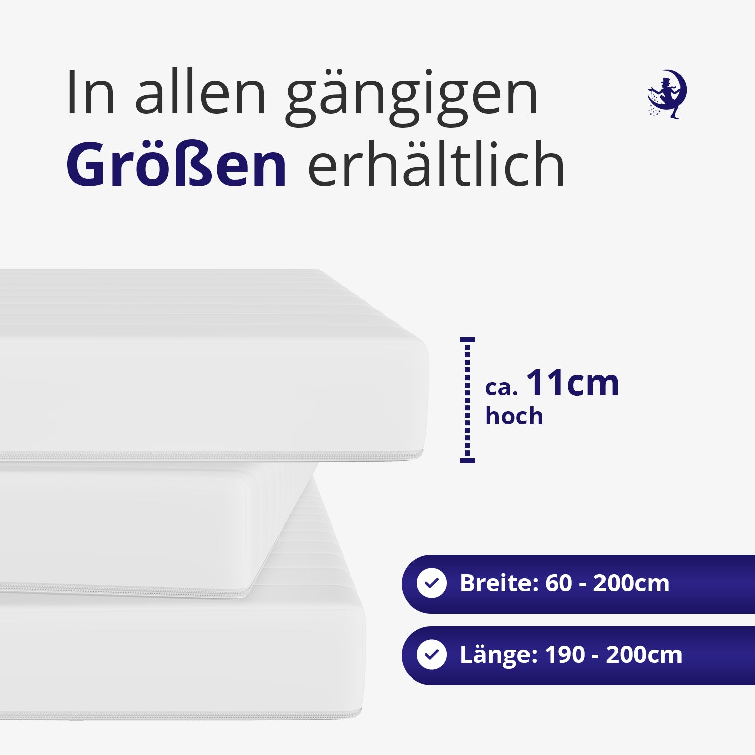 Komfortmatratze mit ca. 11 cm Höhe, erhältlich in gängigen Größen von 60x190 cm bis 200x200 cm – ideal für jedes Bettgestell