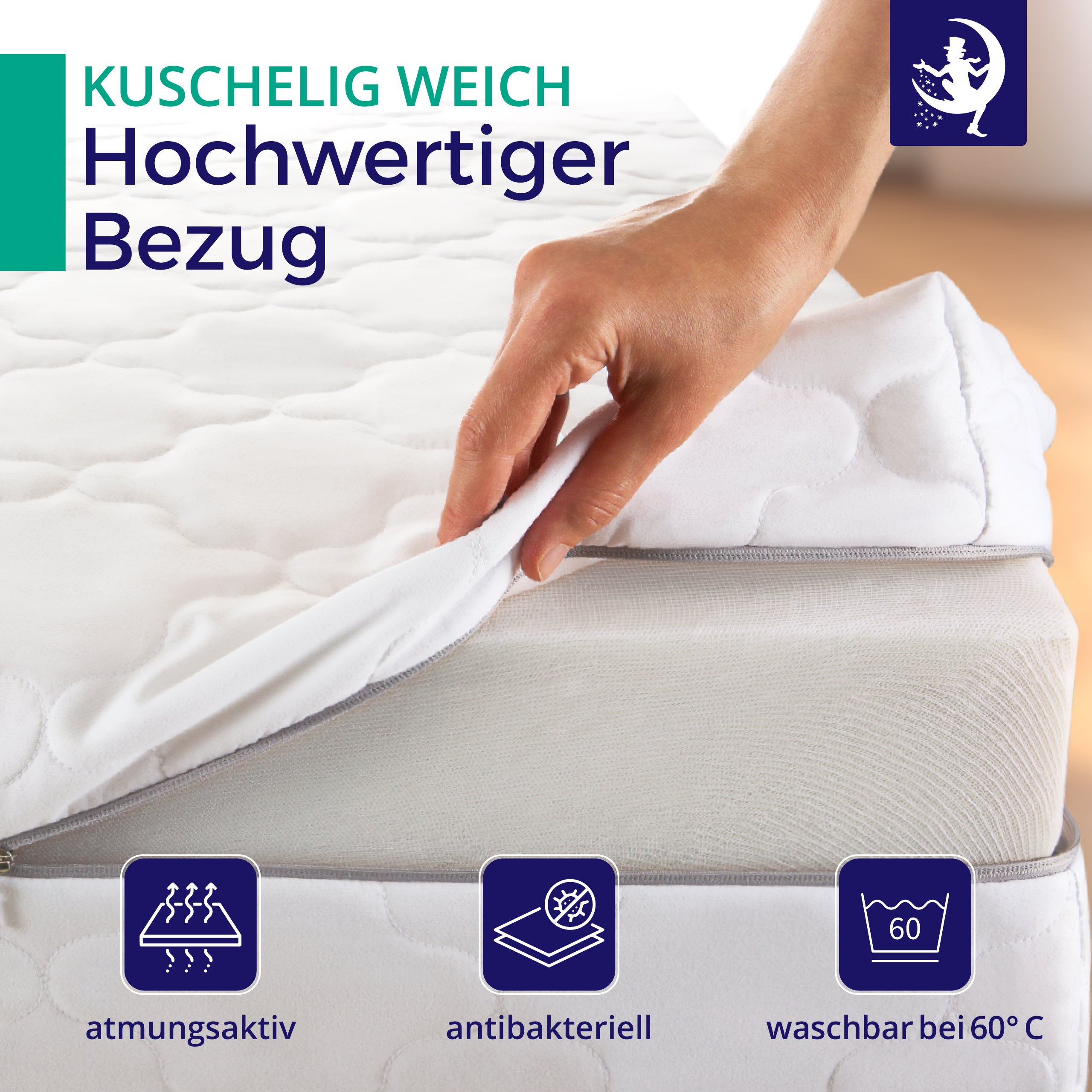 Abnehmbarer und bei 60 Grad waschbarer Matratzenbezug der Mister Sandman Matratze, atmungsaktiv und antibakteriell