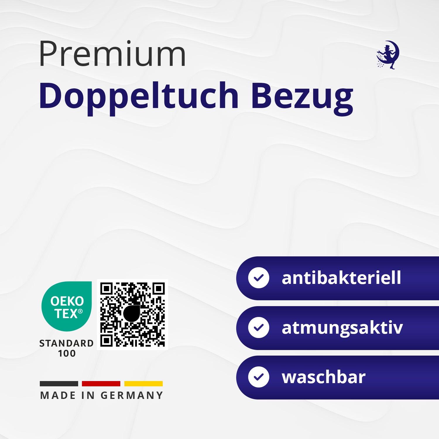 Detailansicht des Premium-Doppeltuchbezugs, atmungsaktiv, antibakteriell, waschbar – mit Made in Germany und Oeko-Tex Badge